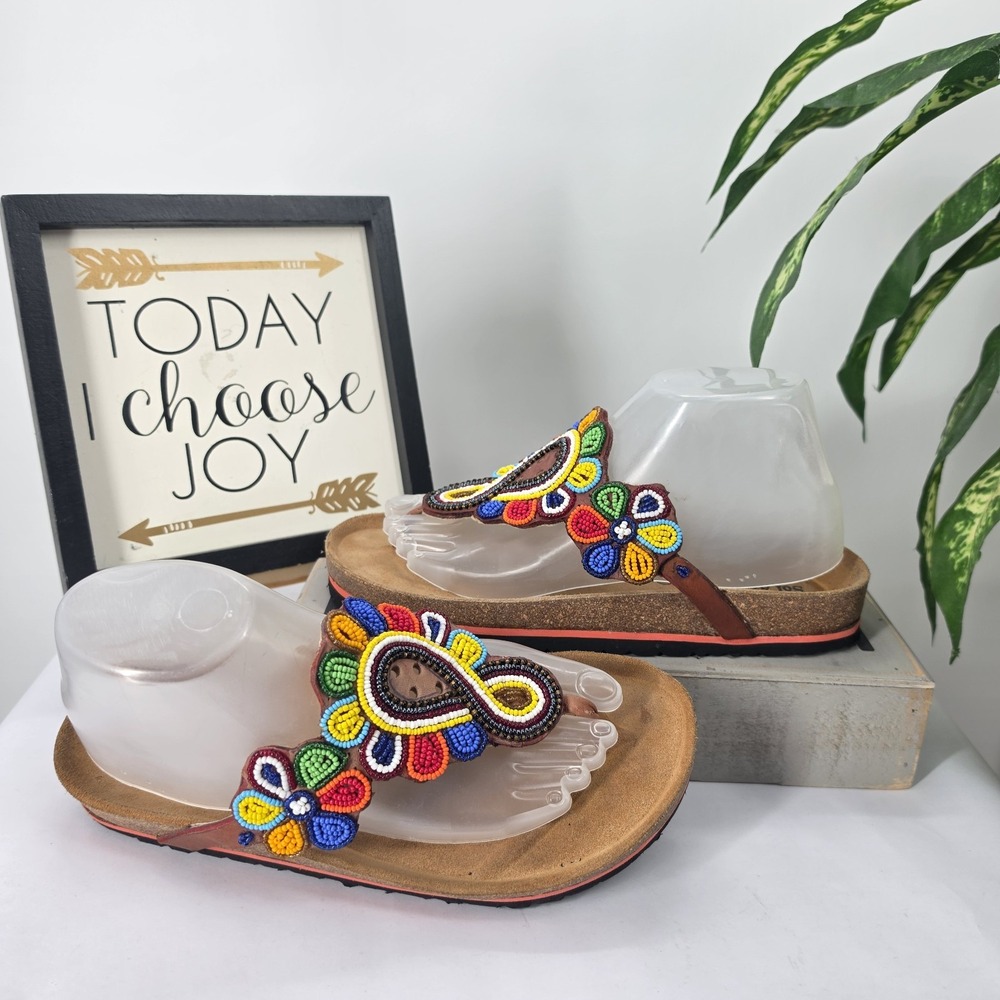 Sol De Amass Beaded Beaded Leather Thong Sandal Cork Spain Boho Hippie Etnic 40